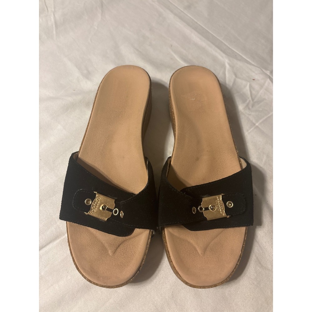 Dr. Scholl's Wedge Sandals Womens Black Suede Gold Buckle Fair Condition